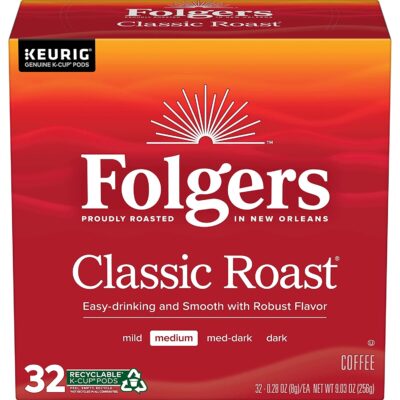 Folgers Classic Roast Medium Roast Coffee, 128 Keurig K-Cup Pods