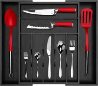 Luxury Bamboo Kitchen Drawer Organizer - Silverware Organizer - Utensil Holder and Cutlery Tray (9 Slot, Black)