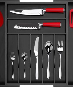 Luxury Bamboo Kitchen Drawer Organizer - Silverware Organizer - Utensil Holder and Cutlery Tray (9 Slot, Black)