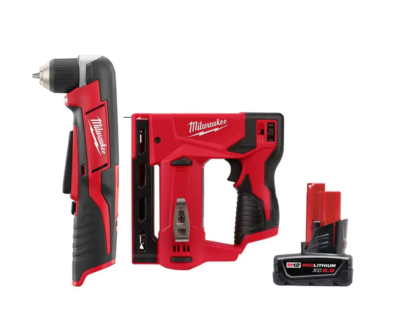 Milwaukee 2415-20-2447-20-48-11-2460 M12 12V Lithium-Ion Cordless 3/8 in. Right Angle Drill with M12 3/8 in. Crown Stapler and 6.0 Ah XC Battery Pack
