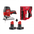 Milwaukee 2445-20-2447-20-48-11-2412 M12 12V Lithium-Ion Cordless Jig Saw and Crown Stapler with two 3.0 Ah Batteries
