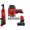 Milwaukee 2445-20-2457-20-48-11-2460 M12 12V Lithium-Ion Cordless Jig Saw with M12 3/8 in. Ratchet and 6.0 Ah XC Battery Pack