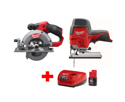 Milwaukee 2445-20-2530-20-48-59-2420 M12 12V Lithium-Ion Cordless Jig Saw and 5-3/8 in. Circular Saw Combo Kit W/ (1) 2.0Ah Battery and Charger