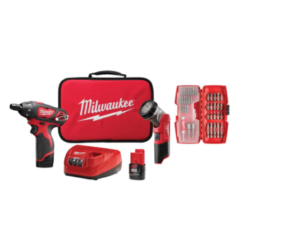 Milwaukee 2482-22 M12 12-Volt Lithium-Ion Cordless 1/4 in. Hex Screwdriver/LED Worklight Kit with (2) 1.5Ah Batteries,Bit Set & Bag