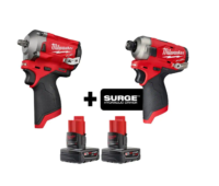 Milwaukee 2554-20-2551-20-48-11-2412 M12 FUEL 12V Lithium-Ion Brushless Cordless Stubby 3/8 in. Impact Wrench and Impact Driver with Two 3.0 Ah Batteries