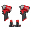 Milwaukee 2554-20-2555-20-48-11-2412 M12 FUEL 12V Lithium-Ion Brushless Cordless Stubby 3/8 in. and 1/2 in. Impact Wrenches with two 3.0 Ah Batteries