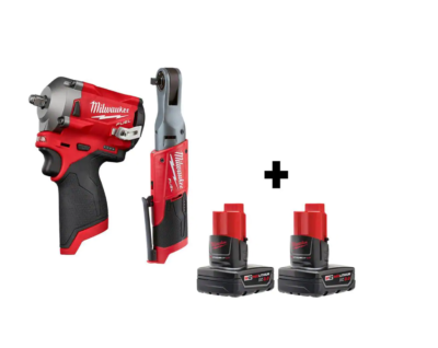 Milwaukee 2554-20-2557-20-48-11-2412 M12 FUEL 12V Lithium-Ion Brushless Cordless Stubby 3/8 in. Impact Wrench & 3/8 in. Ratchet with two 3.0 Ah Batteries