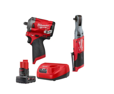 Milwaukee 2554-20-2557-20-48-59-2440 M12 FUEL 12V Lithium-Ion Brushless Cordless Stubby 3/8 in. Impact Wrench & 3/8 in. Ratchet Kit w/Battery & Charger