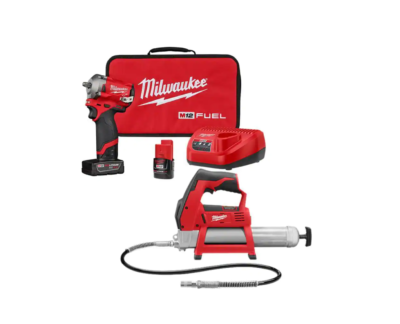 Milwaukee 2554-22-2446-20 M12 FUEL 12V Lithium-Ion Cordless Stubby 3/8 in. Impact Wrench Kit with Grease Gun, One 4.0 and One 2.0Ah Battery