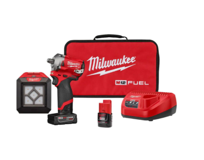 Milwaukee 2555-22-2364-20 M12 FUEL 12V Li-Ion Cordless Stubby 1/2 in. Impact Wrench Kit with M12 1000 Lumens Rover LED Compact Flood Light