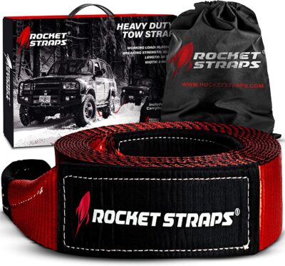 Rocket Straps Tow Strap - 3' x 30' Heavy Duty Tow Strap | 30,000 Pound Rated Capacity Recovery Strap | Vehicle Tow Straps with Protected Loop Ends | Emergency Off-Road Tow Rope | storage bag