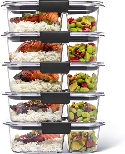 Rubbermaid 5-Piece Brilliance Food Storage Containers for Meal Prep with 2 Compartments and Lids, Dishwasher Safe, 4.7-Cup, Clear/Grey