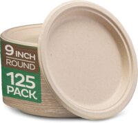 Stack Man 100% Compostable 9 Inch Paper Plates [125-Pack] Heavy-Duty Plate, Natural Disposable Bagasse Plate