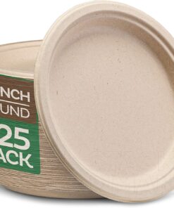 Stack Man 100% Compostable 9 Inch Paper Plates [125-Pack] Heavy-Duty Plate, Natural Disposable Bagasse Plate