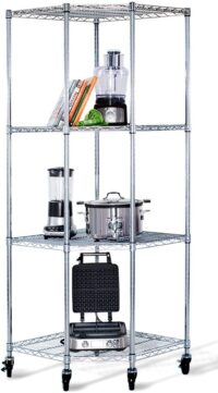 TRINITY EcoStorage 4-Tier Corner Wire Shelving Rack with Wheels, 18" D, NSF, Chrome