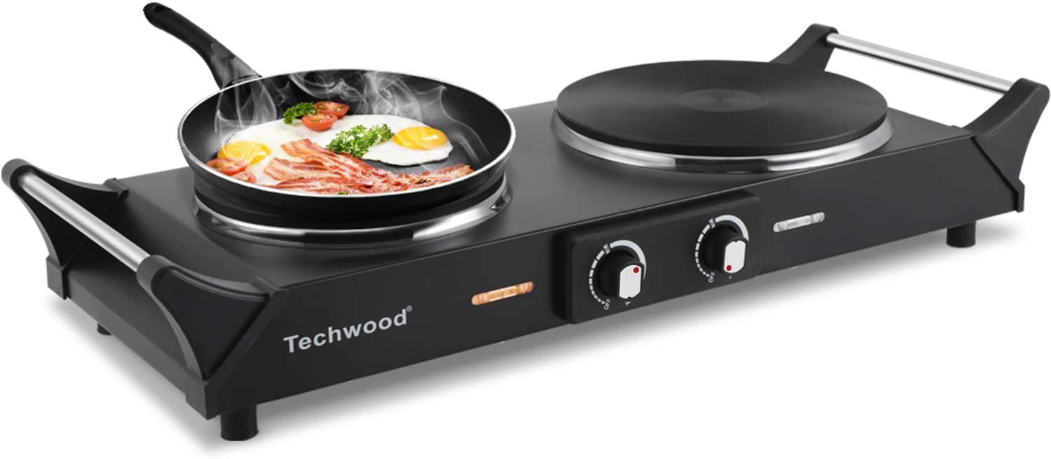 Techwood 1800W Hot Plate Portable Electric Stove Countertop Double Burner with Adjustable Temperature & Stay Cool Handles, 7.5” Cooktop for RV/Home/
