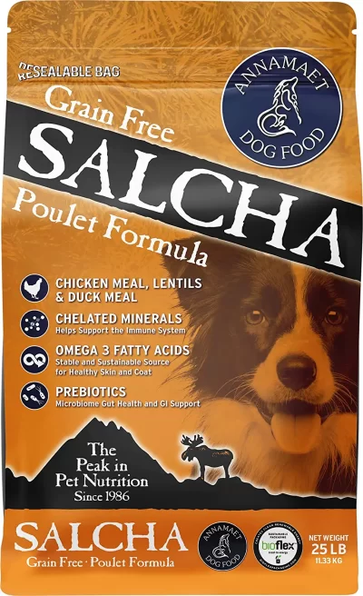 Annamaet Grain-Free Salcha Poulet Formula Dry Dog Food (Chicken & Duck) 25-lb Bag, Brown