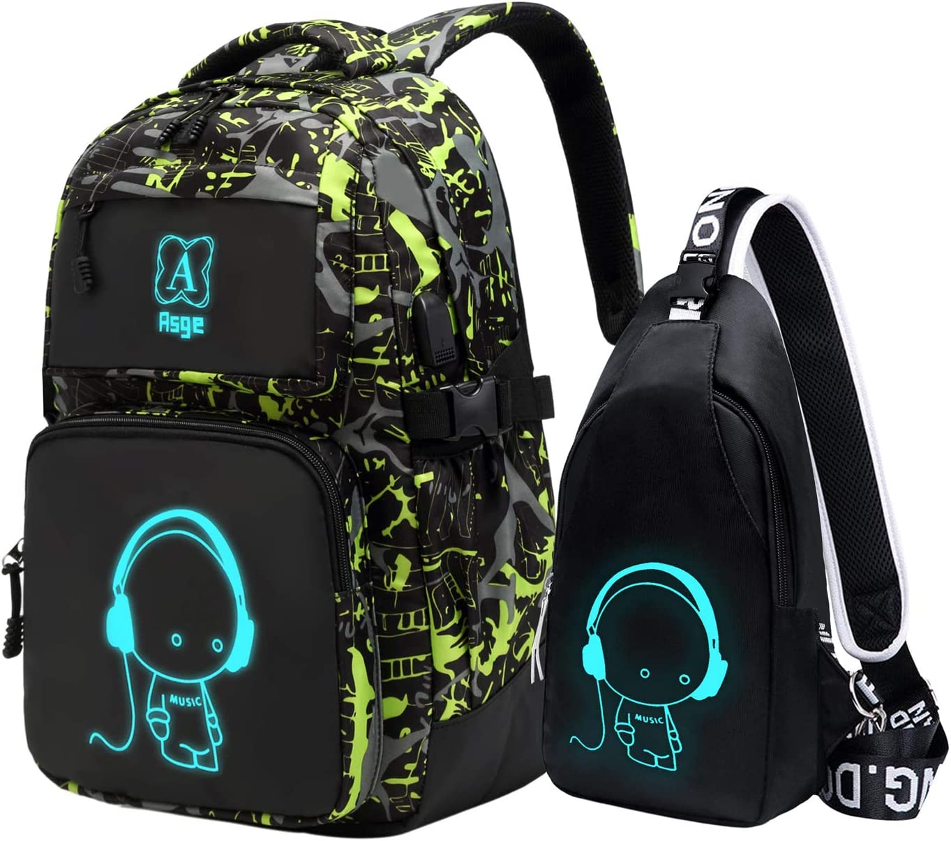 Asge Backpacks for Boys School Bags for Kids Luminous Bookbag and Sling ...