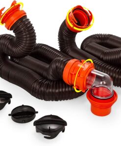 Camco 20' (39742) RhinoFLEX 20-Foot RV Sewer Hose Kit, Swivel Transparent Elbow with 4-in-1 Dump Station Fitting-Storage Caps Included , Black , Brown