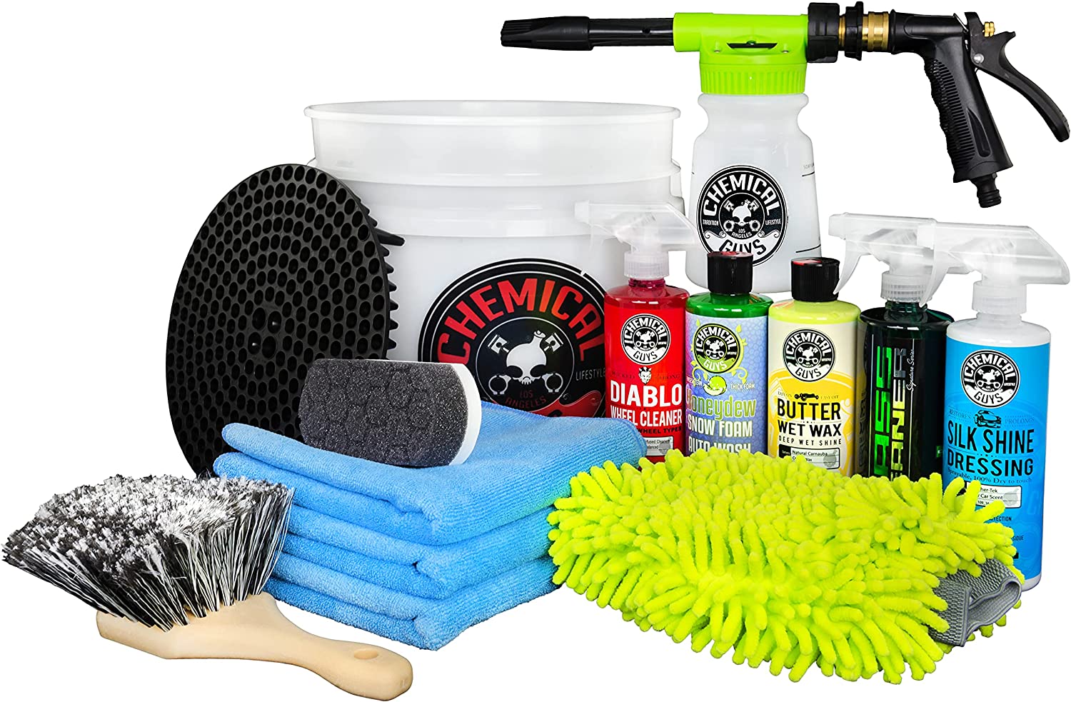 Chemical Guys HOL126 14-Piece Arsenal Builder Car Wash Kit with Foam Gun,  Bucket and (5) 16 oz Car Care Cleaning Chemicals (Works w/Garden Hose) ,  White –