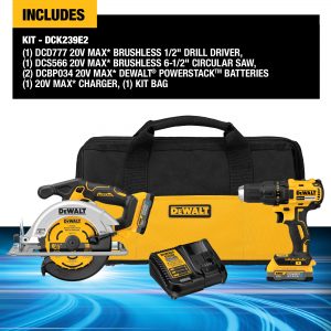 DEWALT DCK239E2 20V MAX Brushless Cordless Circular Saw and Drill Combo Kit with DEWALT POWERSTACK, Compact Batteries