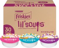 Friskies Purina Grain Free Wet Cat Food Complement Variety Pack Lil' Soups with Salmon Tuna or Shrimp - (30) 1.2 oz. Cups