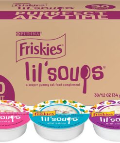 Friskies Purina Grain Free Wet Cat Food Complement Variety Pack Lil' Soups with Salmon Tuna or Shrimp - (30) 1.2 oz. Cups