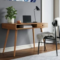 Nathan James 51401 Parker 42 in. Walnut Modern Home Office Writing Desk for Computer or Laptop W/Open Storage Cubby and Small Drawer