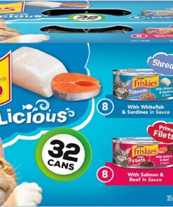 Purina Friskies Wet Cat Food Variety Pack Fish-A-Licious Shreds Prime Filets and Tasty Treasures - (32) 5.5 oz. Cans