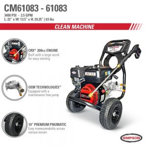SIMPSON CM61083 Clean Machine 3400 PSI 2.5 GPM Gas Cold Water Pressure Washer with CRX 210 Engine