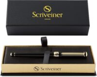 Scriveiner Black Lacquer Rollerball Pen - Stunning Luxury Pen with 24K Gold Finish, Schmidt Ink Refill, Best Roller Ball Pen Gift Set for Men & Women, Professional, Executive Office, Nice Pens
