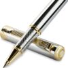 Scriveiner Silver Chrome Rollerball Pen - Stunning Luxury Pen with 24K Gold Finish, Schmidt Ink Refill, Best Roller Ball Pen Gift Set for Men & Women, Professional, Executive Office, Nice, Fancy Pens