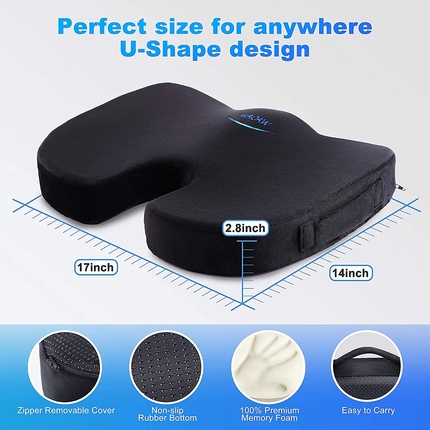 WAOAW Seat Cushion, Office Chair Cushions Butt Pillow for Car Long Sitting,  Memory Foam Chair Pad for Back, Coccyx, Tailbone Pain Relief (Black)