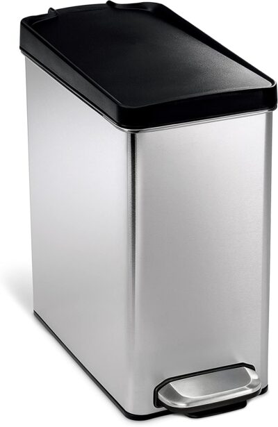 simplehuman 10 Liter / 2.6 Gallon Bathroom Slim Profile Trash Can, Brushed Stainless Steel with Plastic Lid