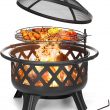 AKSG 2 in 1 Fire Pit with Cooking Grate 30'' Wood Burning Firepit Outdoor Fire Pits Steel Firepit Bowl Outside with Swivel BBQ Grill, Spark Screen, Poker for Backyard Garden Bonfire Patio