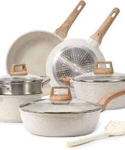 CAROTE C01520 Pots and Pans Set Nonstick, White Granite Induction Kitchen Cookware Sets, 10 Pcs Non Stick Cooking Set w/ Frying Pans & Saucepans(PFOS , PFOA Free)