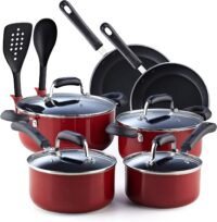 Cook N Home 2601 Stay Cool Handle Pattern 12-Piece Nonstick Cookware Set, Marble Red