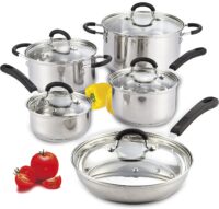 Cook N Home Stainless Steel Cookware Sets 10 Piece, Pots and Pans with Stay-Cool Handles Cooking Set for Kitchen, Dishwasher Safe, Silver