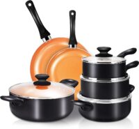 FRUITEAM 10pcs Cookware Set Ceramic Nonstick Soup Pot, Milk Pot and Frying Pans Set, Copper Aluminum Pan with Lid, Induction Gas Compatible, 1 Year Warranty Mothers Day Gifts for Wife…