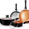 FRUITEAM 6pcs Cookware Set Ceramic Nonstick Soup Pot/Sauce Pan/Frying Pans Set, Copper Aluminum Pan with Lid, Induction Gas Compatible, Black