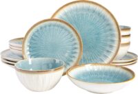 Gibson Elite Mayfair Bay Embossed Double Bowl Dinnerware Set, Service for 4 (16pcs), Blue