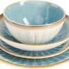 Gibson Elite Mayfair Bay Embossed Double Bowl Dinnerware Set, Service for 4 (16pcs), Blue