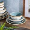 Gibson Elite Mayfair Bay Embossed Double Bowl Dinnerware Set, Service for 4 (16pcs), Blue