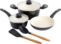 Gibson Home Plaza Café Forged Aluminum 7 Piece Healthy Ceramic Interior w/ Bakelite Handles Pots and Pans Cookware Set – Black