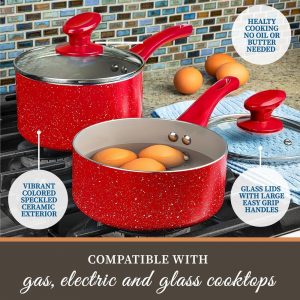 Granite Stone Diamond 8298 Farmhouse 13-Piece Aluminum Ultra-Durable Chalk Grey Diamond Infused Nonstick Coating Cookware Set in Speckled Red