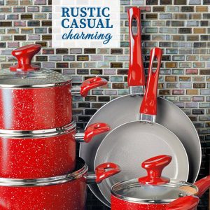 Granite Stone Diamond 8298 Farmhouse 13-Piece Aluminum Ultra-Durable Chalk Grey Diamond Infused Nonstick Coating Cookware Set in Speckled Red