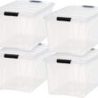 IRIS USA 72 Qt. Plastic Storage Bin Tote Organizing Container with Durable Lid and Secure Latching Buckles, Stackable and Nestable, 4 Pack, clear with Black Buckle