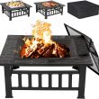 LEMY 32 inch Outdoor Fire Pit Square Metal Firepit Backyard Patio Garden Stove Wood Burning Fire Pit W Rain Cover, Faux-Stone Finish