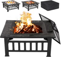 LEMY 32 inch Outdoor Fire Pit Square Metal Firepit Backyard Patio Garden Stove Wood Burning Fire Pit W Rain Cover, Faux-Stone Finish