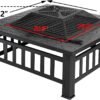 LEMY 32 inch Outdoor Fire Pit Square Metal Firepit Backyard Patio Garden Stove Wood Burning Fire Pit W Rain Cover, Faux-Stone Finish